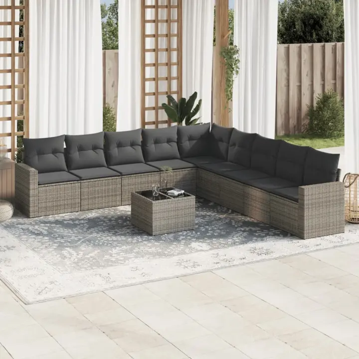 vidaXL Set de sofás de jardín 10 pzas con cojines ratán sintético gris - 1