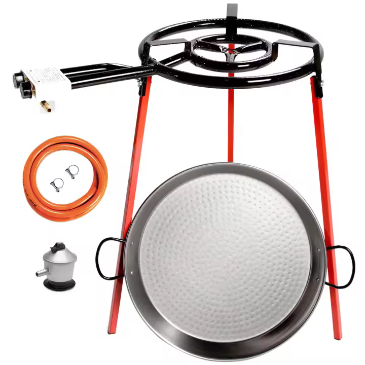 VAELLO Eco-Set (6140) - Pack Paellera de Acero Pulido (46 cm) + Quemador de Gas (40 cm) + 3 Patas + Regulador de Gas + Tubo - 1