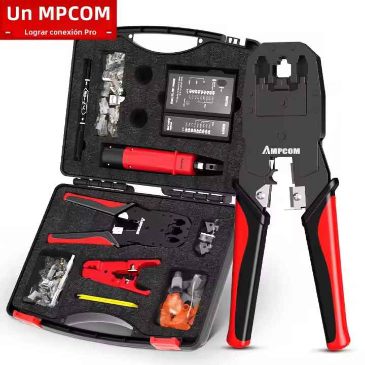 Set De Herramientas De Reparación De Enlaces AMPCOM RJ45 Con Prueba De Red Y Cortador De Cable 12 En 1 Incluye Conectores RJ45 RJ11 Herramienta De Punchedown Para Cable Ethernet - 1