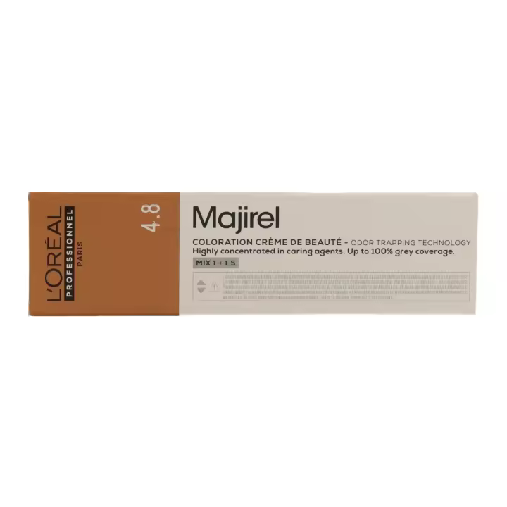 L’oréal majirel 4.8 – castaño medio moca 60 ml, tinte permanente profesional con reflejos moka cálidos y sofisticados, ideal para un color natural y elegante con cobertura total de canas. - 1