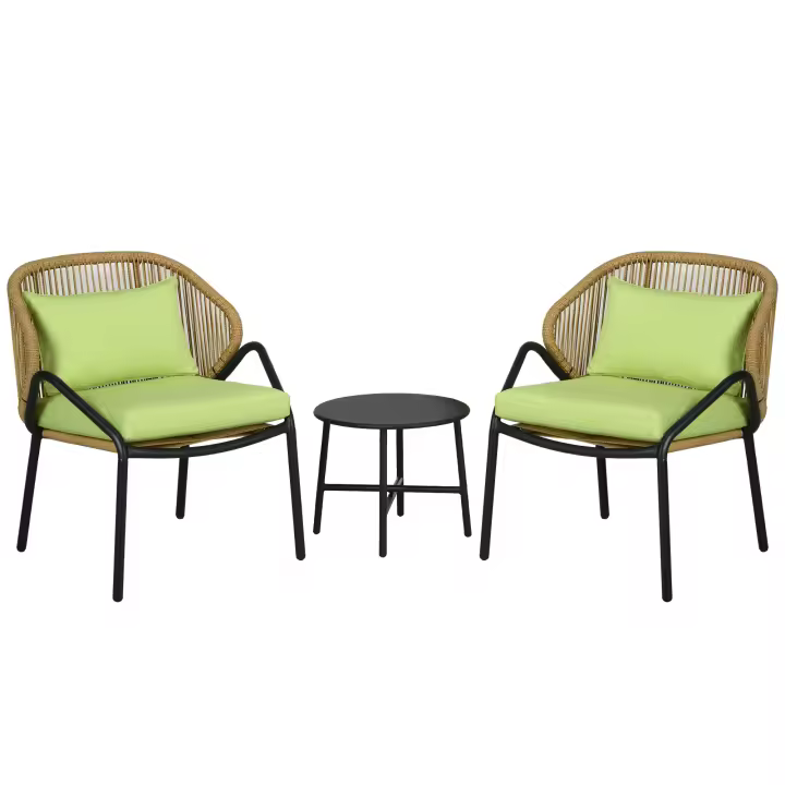 Outsunny Juego de Muebles de Jardín de Ratán de 3 Piezas, Conjunto de Jardín con 2 Sillas de Jardín, Mesa Auxiliar, Grupo de Asientos con Cojines de Asiento y Respaldo, para Balcón, Terraza, Acero, Verde - 1