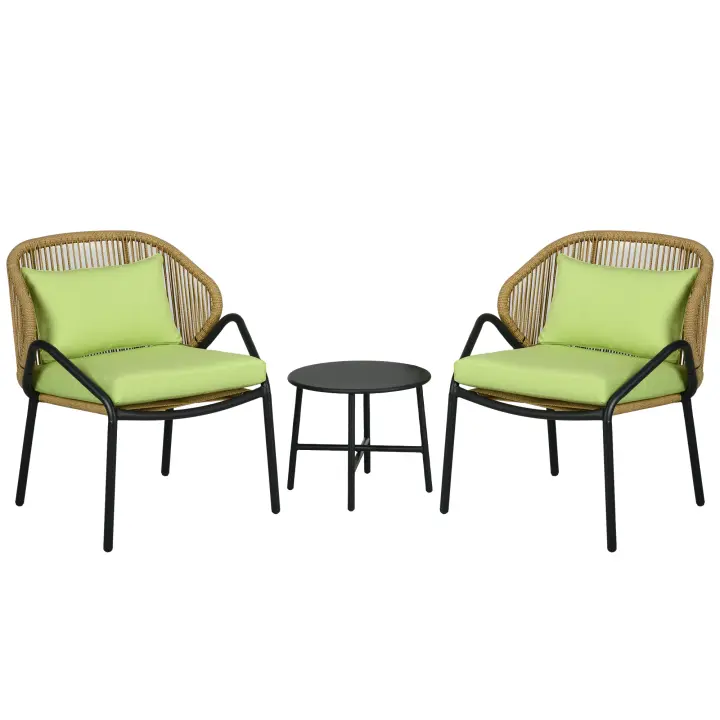 Outsunny Juego de Muebles de Jardín de Ratán de 3 Piezas, Conjunto de Jardín con 2 Sillas de Jardín, Mesa Auxiliar, Grupo de Asientos con Cojines de Asiento y Respaldo, para Balcón, Terraza, Acero, Verde - 1