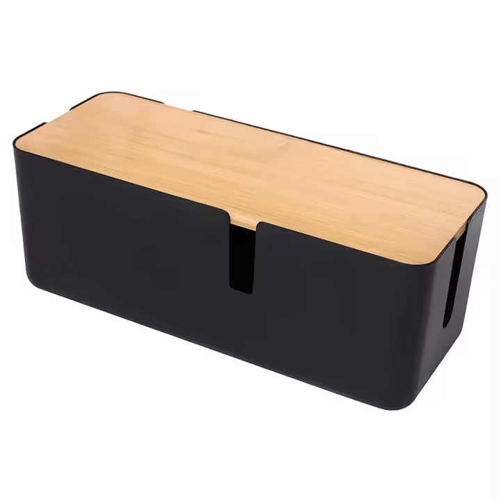 Caja de gestión de cables con tapa de bambú, caja pequeña para cable de extensión, protector contra sobretensiones (negro) - 1