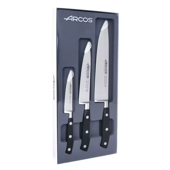Arcos Riviera - Juego de Cuchillos de Cocina (Mondador + 2 Cuchillo Chef) - Acero Inoxidable Forjado NITRUM - Mango POM - Color Negro - 1