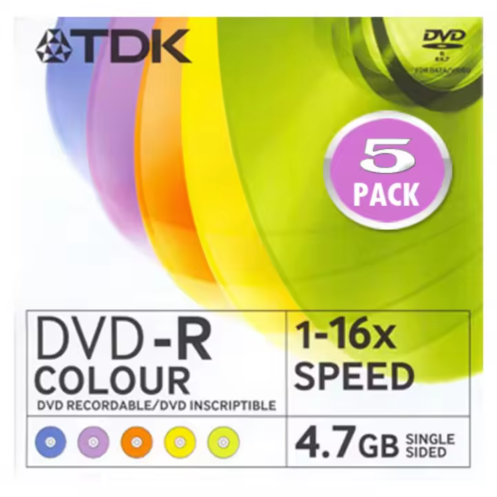 10 Packs  de 5 Dvd-R Colour 1-16x Tdk 4.7 Gb. Slim ( 50 dvd en total ) - 1