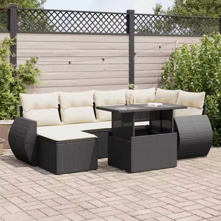 vidaXL Set de sofás de jardín 7 pzas con cojines ratán sintético negro - 1