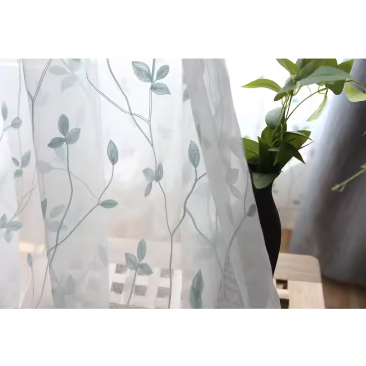 Cortinas transparentes de 241 cm de largo, 2 paneles, decoración con hojas de parra bordadas en gris hierro sobre voile blanco, par, cortinas decorativas para ventana. - 1