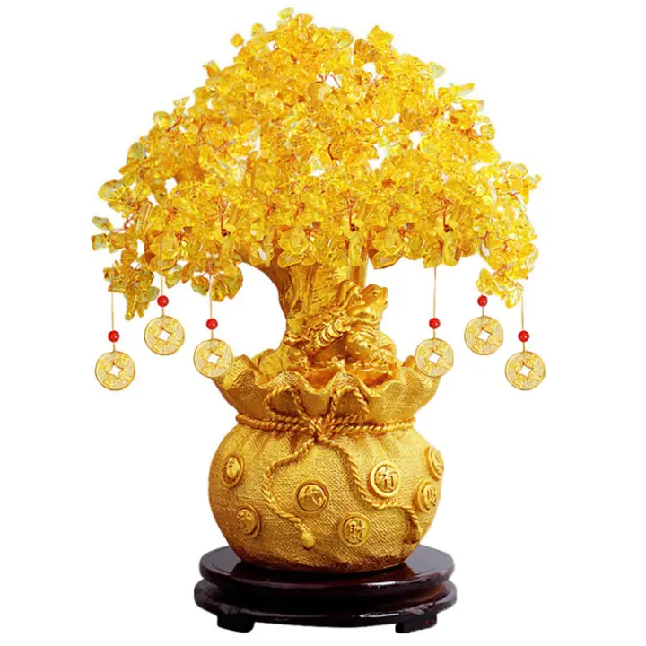 Árbol De La Fortuna Dorado Con Cristal Natural Adorno De Bonsái Estilo Feng Shui Para La Casa O Oficina Decoración De Riqueza Y Suerte - 1