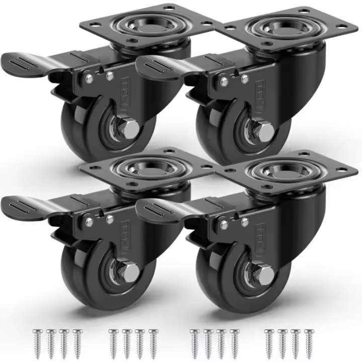 4 Ruedas Giratorias para Muebles con Freno + Tornillos - 50 mm hasta 200 KG - Rueda que No Deja Marcas en el Piso para Cargas Pesadas - Rueda de Goma para Carro - Negro - 1