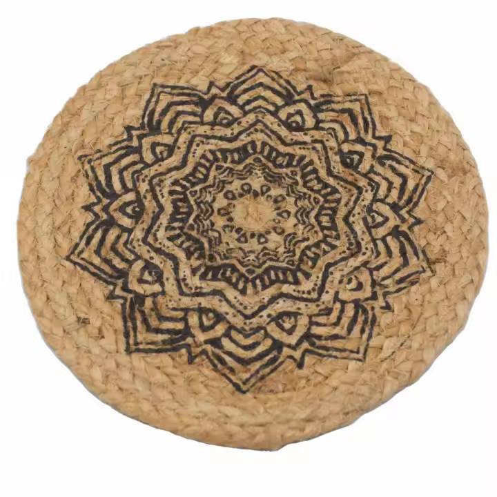 Mantel Individual Natural - Yute y Algodón 30cm - Estampado Mandala - Hecho en India - 1