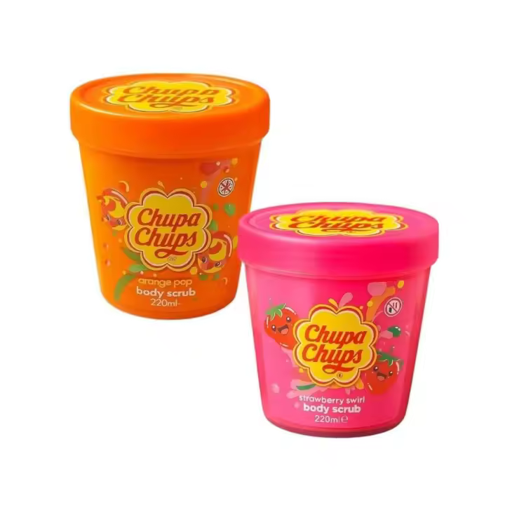 Chupa Chups - Pack 2 Exfoliante Corporal Chu pa Ch ups 220ml - Strawberry Swirl y Orange Pop - Textura Golosa y Aromas Icónicos - Llévate el pack con los dos - Piel Suave, Hidratada y con Olor Dulce - 1
