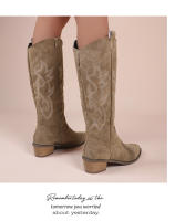 Botas De Vaquero Bordadas Para Mujer Con Punta Puntiaguda Y Tacón Grueso Botas Largas De PU Cuero Falso Botas De Rodilla Alta Para Otoño - details 13