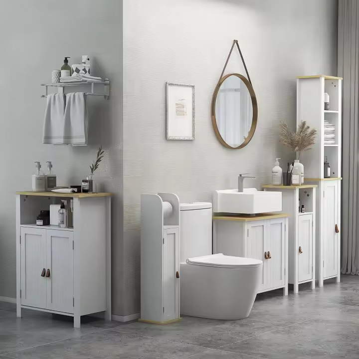 kleankin Columna de Baño Armario de Baño con Compartimento Abierto Puerta 2 Estantes Ajustables y Portarrollo Estilo Moderno 20x20x80 cm Blanco - 1
