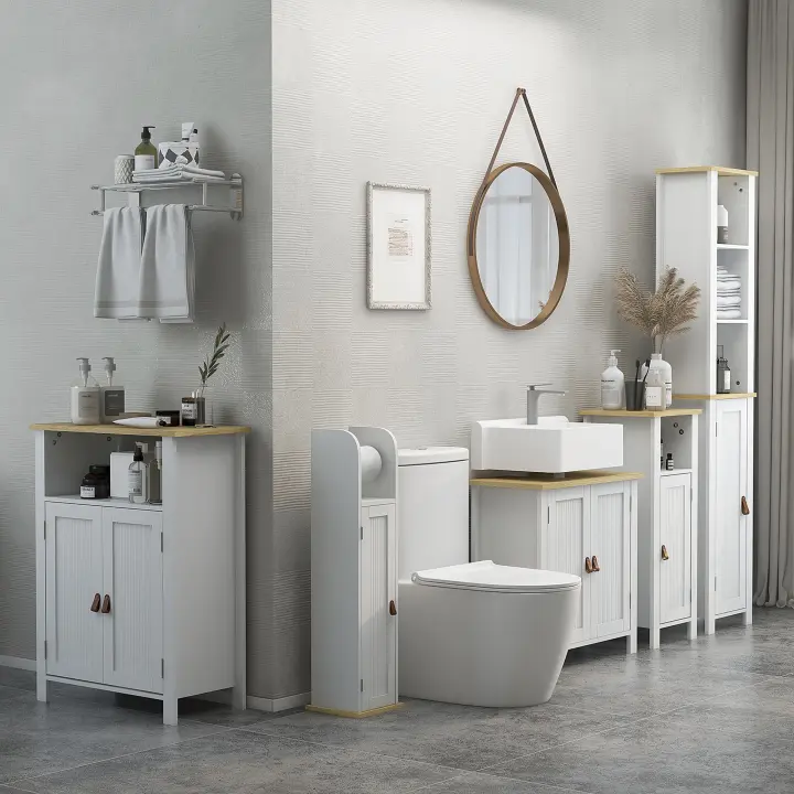 kleankin Columna de Baño Armario de Baño con Compartimento Abierto Puerta 2 Estantes Ajustables y Portarrollo Estilo Moderno 20x20x80 cm Blanco - 1
