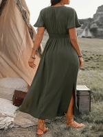 Vestido Casual De Verano Para Mujer 2024 AliExpress Con Cuello En V Manga Corta Y Abertura Midi De Poliéster Estilo Europeo Y Americano - details 10