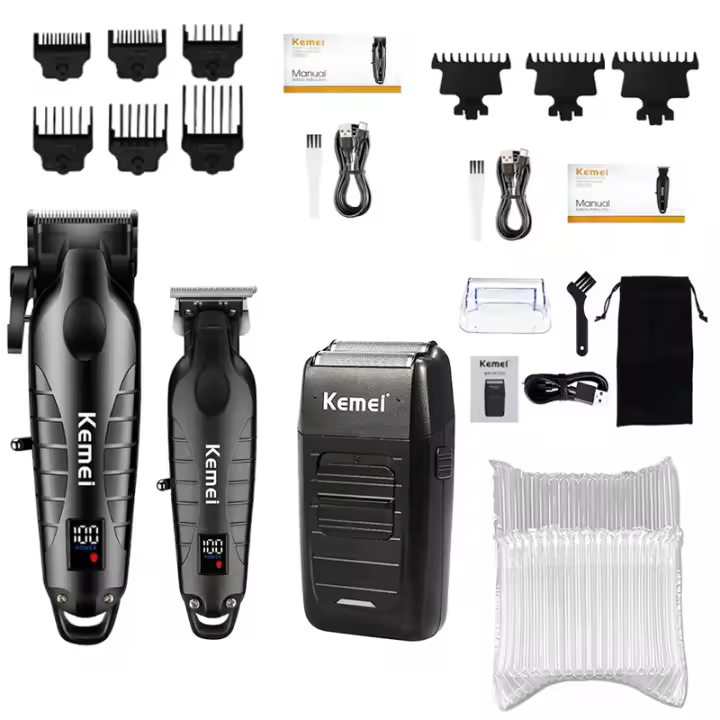 Kit De Peluquería Para Hombres Kemei KM-2290 KM-2293 KM-1102 Afeitadora Eléctrica Cortadora De Pelo Profesional Con Corte Rápido Y Ajuste De Longitud Universal Carbono Acero - 1