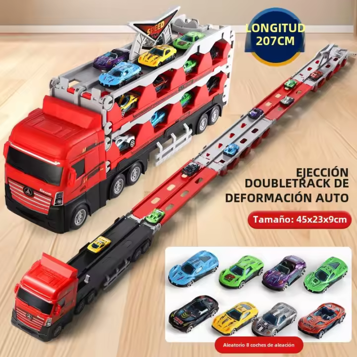 Juego De 8 Piezas Coche Deportivo De Aluminio Con Transporte De Camión Plegable Para Niños Juguetes Educativos Inerciales Para Niños De Edad Superior a 4 Años - 1