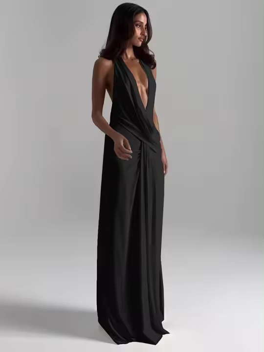 Vestido Maxi Sin Mangas Para Mujer Kliou Halter V-Neck Profundo Draped Bodycon Festival Fiesta Sin Espalda Cuello Alto Polyester Spandex - 1