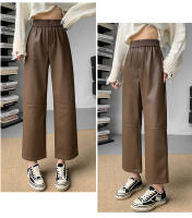 Pantalones De Cuero PU Para Mujer Alta Cintura Otoño Invierno Negro Rectos De Pierna Con Bolsillos De Longitud Del Tobillo - details 4