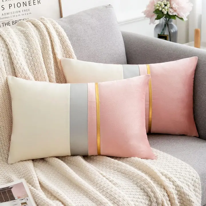 REINOMANSIDI SL - Pack de 2 -Relleno incluido 30X50cm Fundas de Cojin con Rellenos Incluido, Decorativas Rectángulo para Sofá 30 x 50 cm Rosa y Blanco Empalme con Rayas Cuero Dorado Plateado Terciopelo Funda Cojín Regalo Accesorios Hogar,12 x 20 Pulgadas - 1
