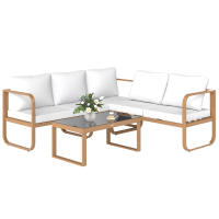 Outsunny Conjunto de Jardín Exterior de 3 Piezas Muebles Jardín Exterior con Sofá de 3 Plazas con Asiento Ajustable Sofá de 2 Plazas y Mesa de Centro de Vidrio con Cojines Crema - details 0