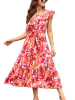Nuevo Vestido Bohemio Para Mujer Verano 2025 Sin Mangas Hombro Solo Cintura Elástica Volantes Siluetas A-Line Cuello Diagonal Talla Suave - details 1