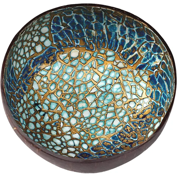Cuenco de Coco natural con inluciones de nácar, Cuenco para Llaves Para La Mesa de entrada, soporte para Frutos Secos y Frutas (Azul y Dorado) - 1