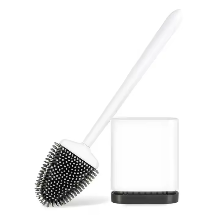 Escobillas de Baño, Escobilla WC Silicona, Cepillo Toilet Plana de Mango Largo, Cepillo de Limpieza WC Curvo de Pie/Montado en la Pared, Escobilla Suave para Baño, WC e Inodoro - Plata Mate - 1
