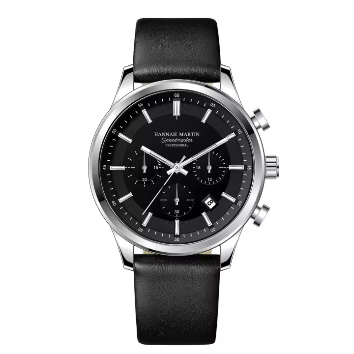Reloj De Pulsera Masculino Negro 2024 Moda Multifuncional Con Dial De Timing Movimiento De Cuarzo Simulado Reloj Casual Plata Resistente Al Agua Y Shock - 1