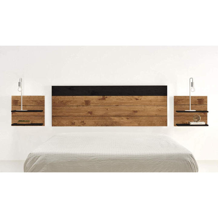 CAMA EXPRESS Conjunto Cabecero Cama Madera natural y negro + 2 Mesitas Noche con Estantes | Combinado Madera Maciza Natural Varios Colores