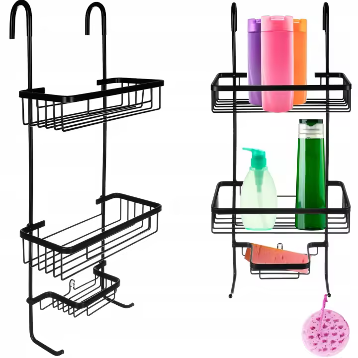 Estante de Ducha con Colgador sin Agujeros para Jabones de Aluminio, Estante para Jabón de Baño Organizador de Diseño Moderno Negro / Plateado Cesto Estantería Soporte Bandeja - Medidas 63 x 28 x 14 cm - 1