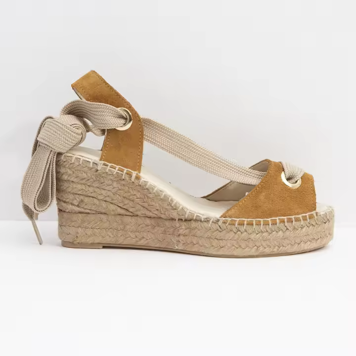 Alpargata Cuña Mujer Serraje Cuero Ojales Metálicos Cintas Algodón Beige Yute Natural Suela Antideslizante - 1
