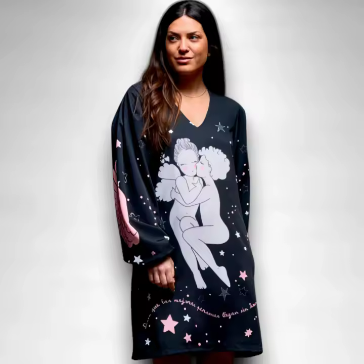 Vestido Ángeles Anabel Lee Mujer | Negro Evasé Constelaciones Strass | Frase Inspiradora - 1