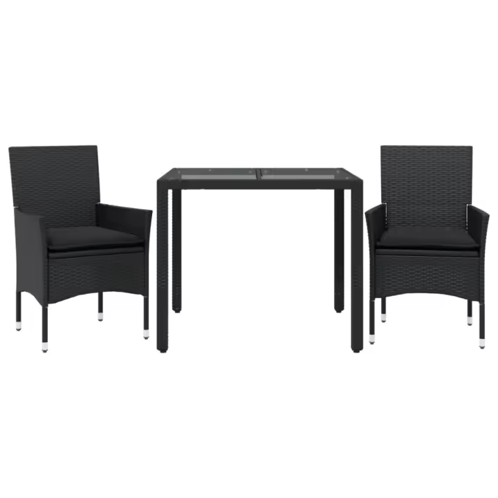 vidaXL Set comedor jardín 3 pzas cojines ratán sintético vidrio negro - 1
