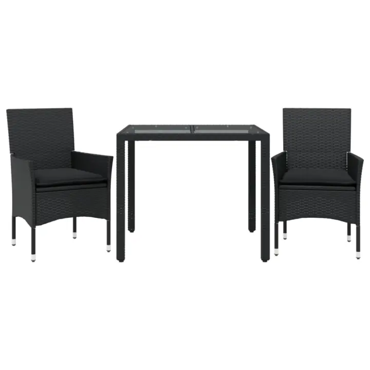 vidaXL Set comedor jardín 3 pzas cojines ratán sintético vidrio negro - 1