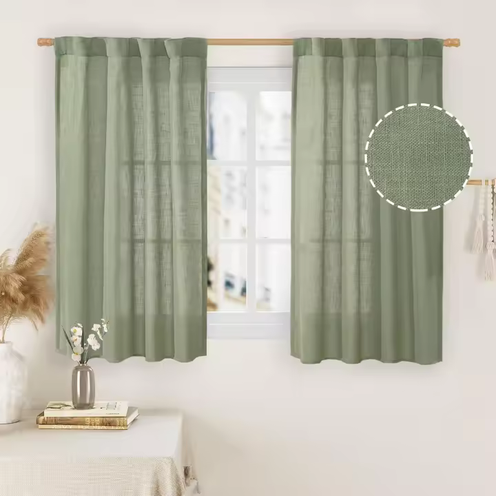Sage Green Linen Curtains 48 Inch Length 2 Panels, Light Filtering Panels Back Tab and Rod Pocket Neutral Drapes for Kitchen/Window/Loft Room, 34 x 48 Inch - 1