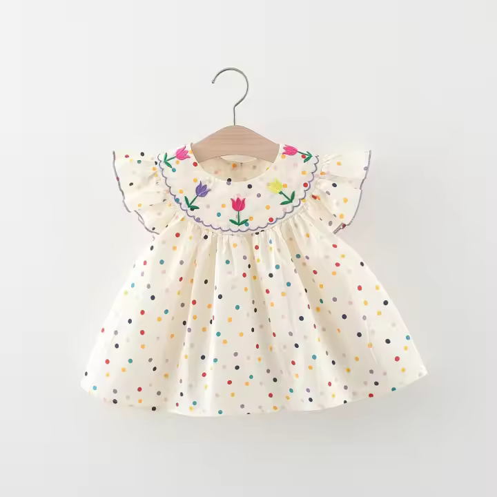 Vestido De Verano Para Niñas Con Bordado De Flores Y Puntos Coloridos Vestido De Princesa Con Cuello En V Talla A-Line Longitud De Rodilla Algodón Y Poliéster 0-3 Años - 1
