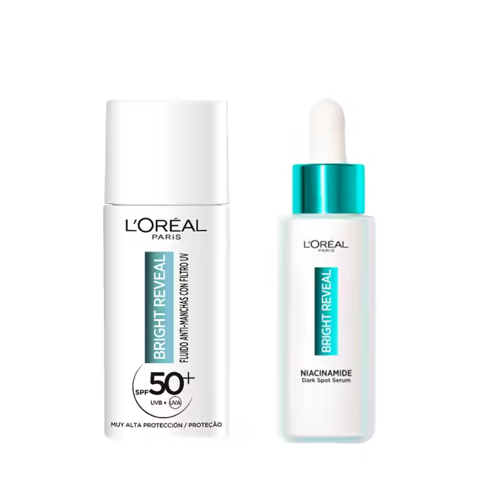 L'ORÉAL PARIS | Bright Reveal Fluido Hidratante Anti-manchas con Filtro UV SPF50+ y Niacinamida 50ml +  Bright Reveal Serum Niacinamida Anti-Manchas 30ML - 1
