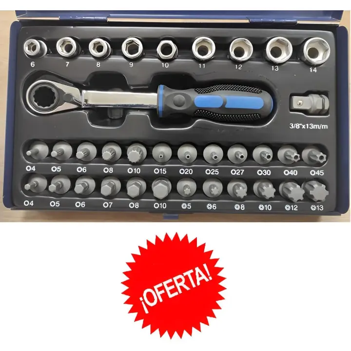 Juego Puntas y Vasos con Carraca, 35 pzs -  Incluye Puntas Allen, Torx Inv, Xzn, Ribe y Llaves de Vaso de 6 a 14 mm, Carraca de 72 Dientes con Adaptador de 3/8" - Estuche Metálico Resistente - 1
