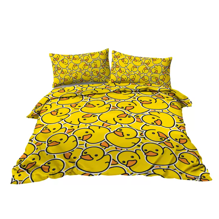 Juego De Cama Con Patrón De Pato Amarillo Densamente Diseñado 3 Piezas Funda De Edredón Y 2 Almohadillas Para Hogar Familiar - 1