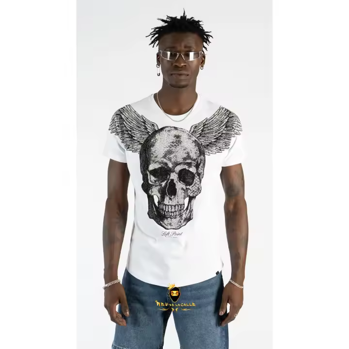 Camiseta Left Point Blanca Pedrería Brillante Calavera Con Alas Plateada - 1