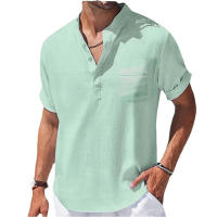 Camisa De Algodón Y Lino Para Hombres Verano Cuello Henry Camiseta Casual Manga Corta Ropa Masculina Transpirable Y Ligera - details 3