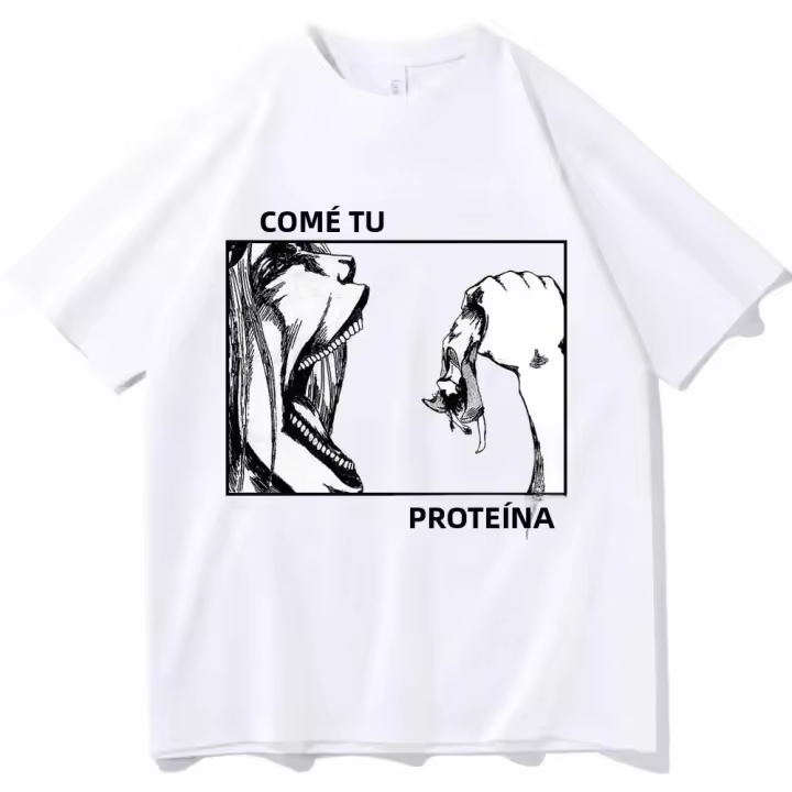 Camiseta Attack on Titan 'Come Tu Proteína' Para Hombres Y Mujeres Camiseta Casual De Verano Con Cuello Redondo Y Mangas Cortas De Algodón Transpirable Y Ligera - 1