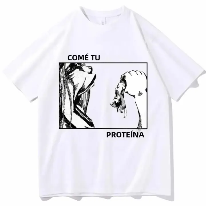 Camiseta Attack on Titan 'Come Tu Proteína' Para Hombres Y Mujeres Camiseta Casual De Verano Con Cuello Redondo Y Mangas Cortas De Algodón Transpirable Y Ligera - 1