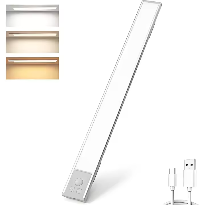 Luces LED, luces LED con sensor de movimiento, luces LED con sensor de movimiento Luminex, iluminación LED de 3 colores recargable debajo del gabinete, tira de luz con detección inteligente y succión magnética (20 cm) - 1