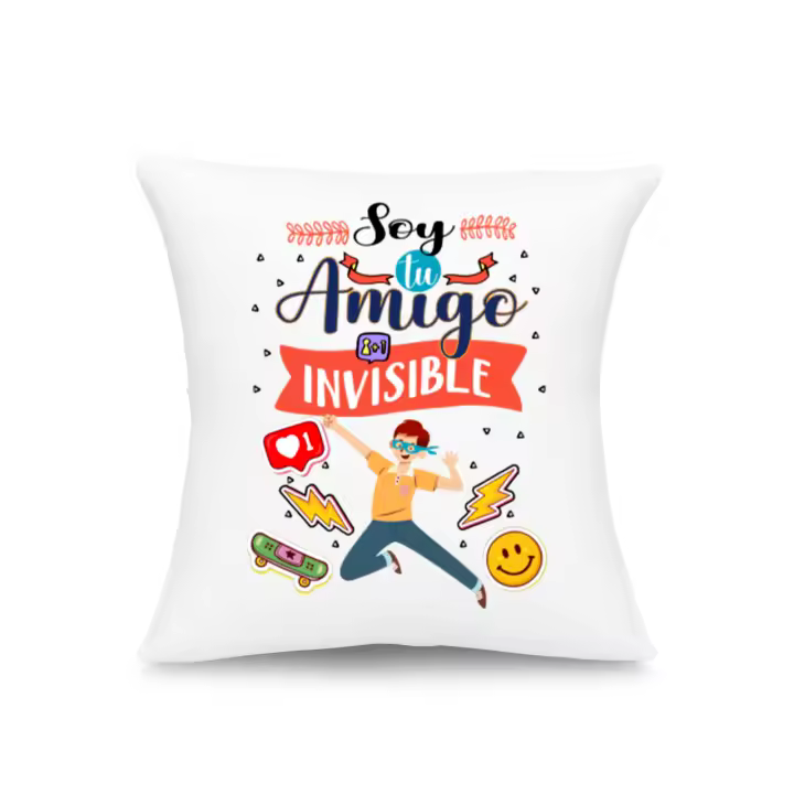Cojín personalizado Antiestrés: “Soy tu amigo invisible" con relleno de micro perlas de silicona - 20×20 cm aprox. - REGALO AMIGO INVISIBLE - para regalar en Navidad con frase y dibujo - impreso por las dos caras - 1