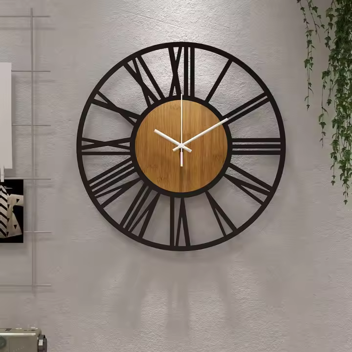 Begonia Reloj de Luz Redondo de Madera Negro con números Romanos Reloj de Luz Silencioso sin TicTac-34 cm - 1