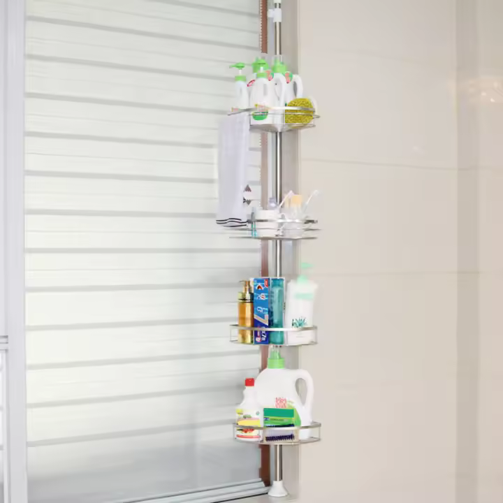 Aqrau Estantería Esquina  con 4 estantes de Ducha de Acero Inoxidable con Ganchno y Altura Ajustable 110-280cm - 1