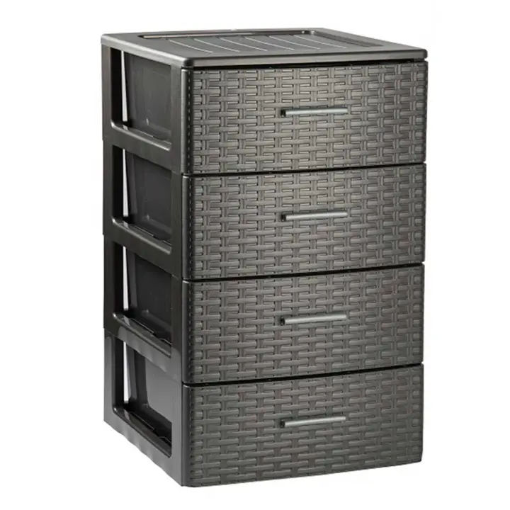 Tradineur - Cajonera de ordenación Rattan, plástico, 4 cajones, efecto mimbre, torre almacenaje, fabricada en España (Gris antracita - 61,5 x 39,5 x 36,5 cm) - 1