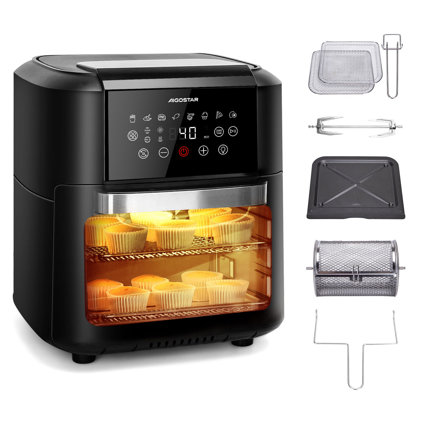 AIGOSTAR Freidora de Aire sin Aceite 12L, 1700W, 9 Modos Preconfigurados,  Sistema Giratorio, Incluye 7 Accesorios.